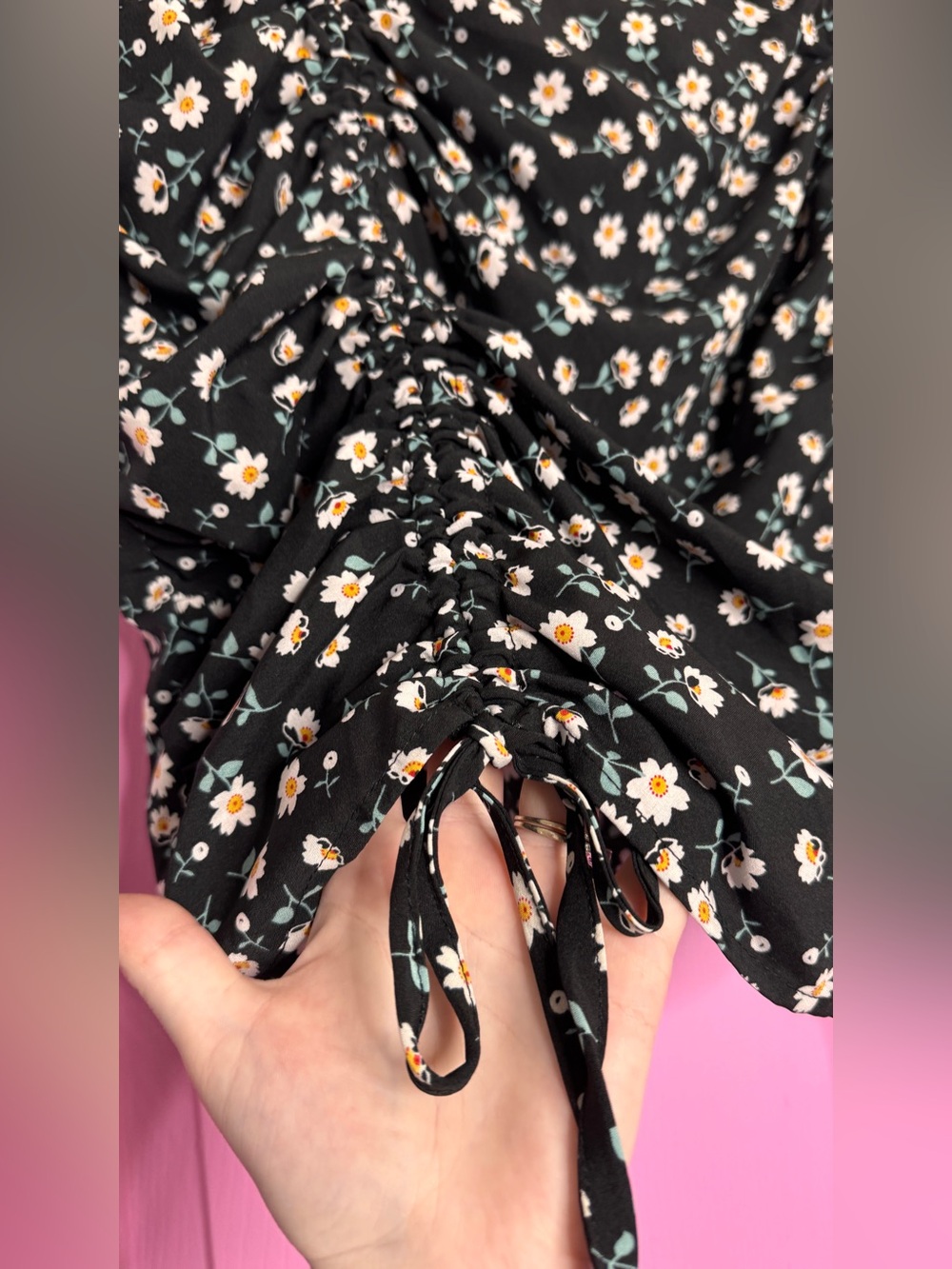 Black Daisy Ruched Mini Skirt - Floral Drawstring Detail - Picture 3 of 4
